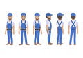 Engineer , technician, builders and mechanics cartoon character for animation. Front, side, back, 3-4 view character vector