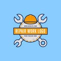 Engineer Technician mechanic Repair Work logo badge emblem with wrench and safety hard helmet illustration