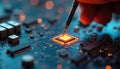 Engineer tests electronic circuit board with tool. Close up tech inspection on component. Man checks motherboard. Quality Royalty Free Stock Photo