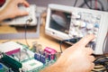 Engineer tests electronic components with oscilloscope in the service center