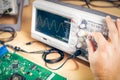 Engineer tests electronic components with oscilloscope in the service center