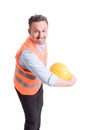 Engineer throwing his yellow helmet Royalty Free Stock Photo