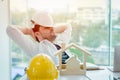 Engineer tired and napping or sleeping in the office when lunch brake time after hard work overnight Royalty Free Stock Photo