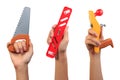 Engineer tool toy concept. Boy hand holding saw tool, water level tool and carpenter plane tool toy.