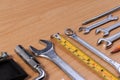 Engineer tools, wrench tools on wood table.