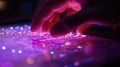 Engineer touching electronic circuit board, exploring futuristic technology