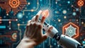 Engineer touching futuristic screen controlling robotic arm, artificial intelligence concept