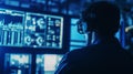 Engineer using ar headset analyzes holographic industrial control panel with data visualizations