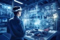 Engineer using augmented reality headset to visualize and interact with blueprints in a futuristic manufacturing facility