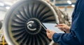 Engineer Using Tablet Inspecting Jet Engine Turbine Blades Royalty Free Stock Photo