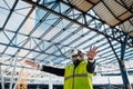 Engineer using virtual reality to inspect building progress. Royalty Free Stock Photo