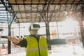 Engineer using virtual reality to inspect building progress. Royalty Free Stock Photo