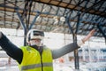 Engineer using virtual reality to inspect building progress. Royalty Free Stock Photo