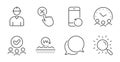 Engineer, Uv protection and Chat message icons set. Approved group, Search and Recovery phone signs. Vector