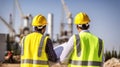 Engineer with Vests Confer Near the Construction Site, Igniting Project Progress. Generative AI