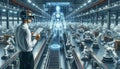 Engineer wearing AR headset overseeing automatic android production line in a futuristic factory