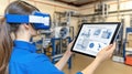 Engineer wearing augmented reality glasses to analyze data tablet industrial Royalty Free Stock Photo