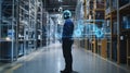 Engineer wearing augmented reality headset analyzing holographic projection of vehicle in warehouse Royalty Free Stock Photo