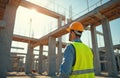 Engineer wearing helmet, high-visibility vest inspects construction site. Professional supervisor controls building process, Royalty Free Stock Photo