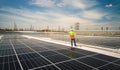 Engineer wearing uniform and helmet inspect and check solar cell panel ,solar cell is ecology energy sunlight power installation f Royalty Free Stock Photo