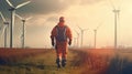 Engineer wearing uniform and helmet walking survey the land area at wind turbines farm