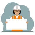 Engineer woman holding a blank sheet of paper. The concept of a builder, engineer, planner or designer.