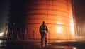 Engineer in work helmet oversees fuel storage tank construction site generated by AI