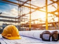 engineer worker safety helmet, vest with hat and glasses on construction site at site, engineering building background. Royalty Free Stock Photo