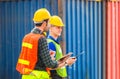 Engineer and worker team checking containers box from cargo, Happiness and Teamwork concept