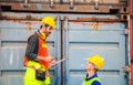 Engineer and worker team checking containers box from cargo, Happiness and Teamwork concept