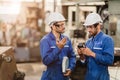 Engineer Worker Working Together Talking With Friend Teammate In Metal Factory Training Using Machine Part