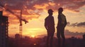 Engineer workers standing on a construction site and watching the sunset with building silhouettes in the background Royalty Free Stock Photo
