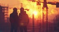 Engineer workers standing on a construction site and watching the sunset with building silhouettes in the background Royalty Free Stock Photo
