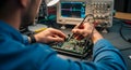 Engineer working on a circuit board with an oscilloscope Royalty Free Stock Photo
