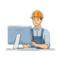Engineer Working at Computer Wearing a Hardhat, Construction Industry Design, Site Plan, Supervision and Worker Safety Royalty Free Stock Photo