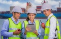 The engineer working with container Cargo freight ship