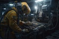 Engineer working in the control room of the factory. Industrial background, Futuristic Marine robot repairing a ship, AI Generated