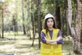 An engineer working in the forest. Forest worker supervisors are constructing roads in the forest Royalty Free Stock Photo