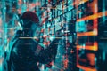 Engineer working on holographic data visualizations industry control advanced machine. Industria
