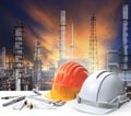 Engineer working table in oil refinery plant heavy petrochemical Royalty Free Stock Photo