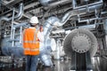 Engineer working in a thermal power plant with talking on radio Royalty Free Stock Photo