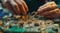 An engineer works on a motherboard in an urban workshop. AIG41 Royalty Free Stock Photo