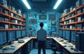 Engineer works in tech lab with many computer screens showing code. Shelves full of electronic devices. Person manages complex Royalty Free Stock Photo