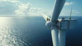 Engineer works on top of wind turbine in sea, aerial view, worker performs maintenance of windmill in ocean at sunset. Concept of Royalty Free Stock Photo