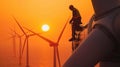 Engineer works on wind turbine in sea, worker perform maintenance of windmill in ocean at sunset. Concept of energy, power,