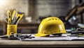yellow helmet on the table, construction equipments on the table, building helmet background Royalty Free Stock Photo