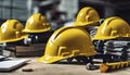 yellow helmet on the table, construction equipments on the table, building helmet background Royalty Free Stock Photo
