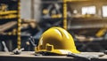 yellow helmet on the table, construction equipments on the table, building helmet background Royalty Free Stock Photo