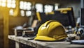 yellow helmet on the table, construction equipments on the table, building helmet background Royalty Free Stock Photo
