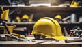 yellow helmet on the table, construction equipments on the table, building helmet background Royalty Free Stock Photo